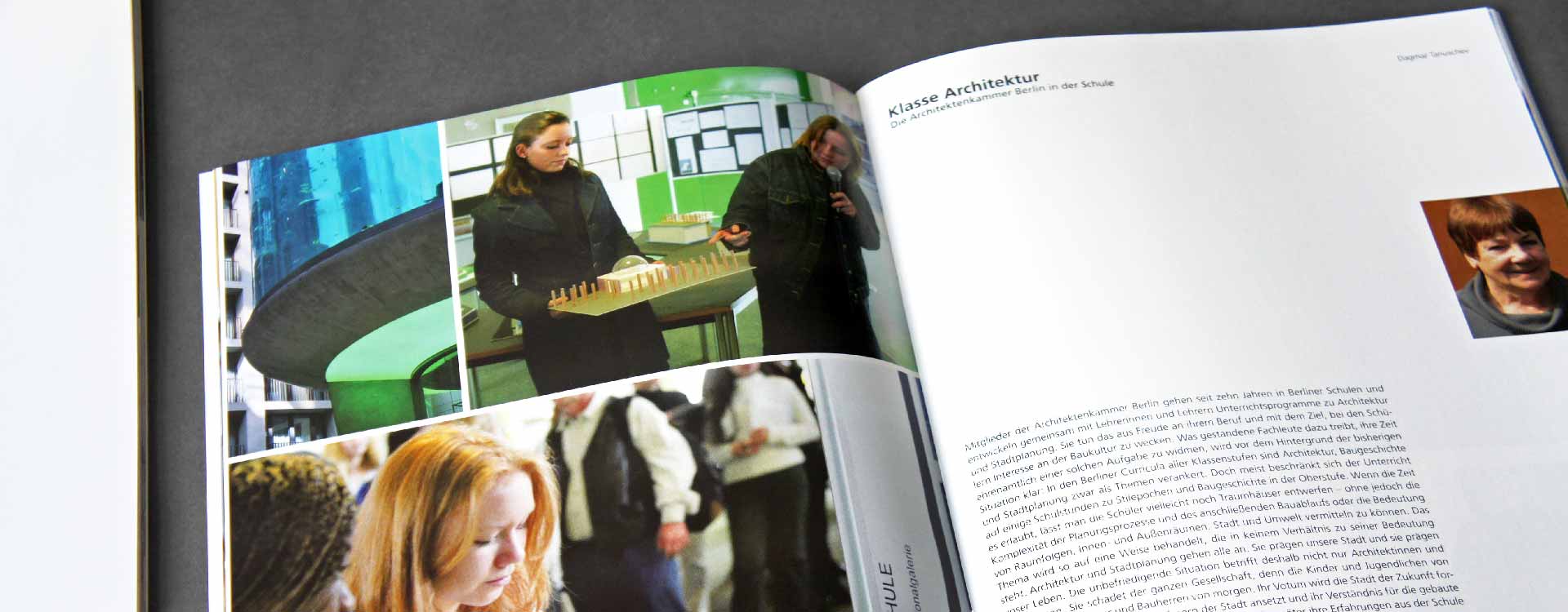 Inside pages of the brochure Architektur und Schule for the Chamber of Architects Berlin; Design: Kattrin Richter | Graphic Design Studio