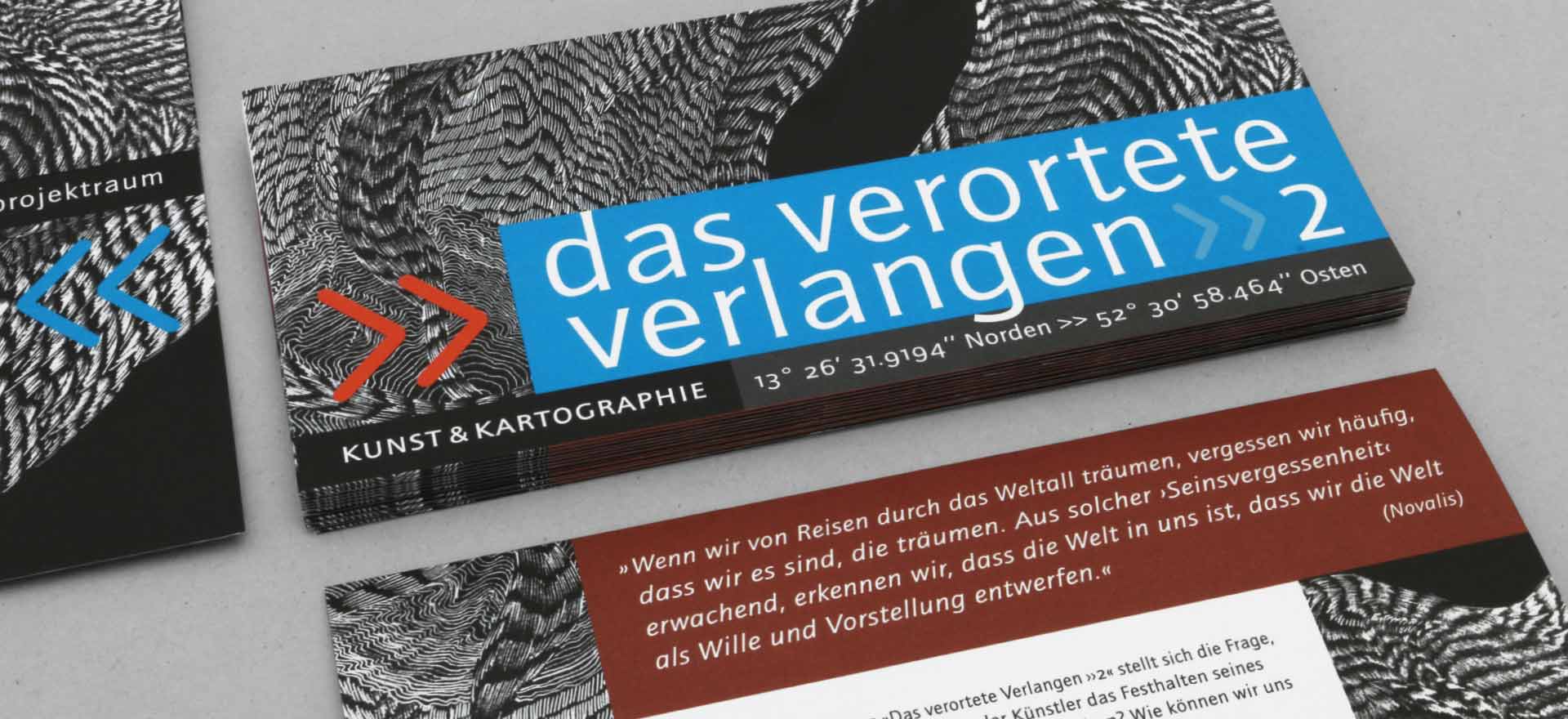 Faltblatt zur Ausstellung „Das verortete Verlangen“ im Projektraum Alte Feuerwache, Berlin; Design: Kattrin Richter | Büro für Grafikdesign