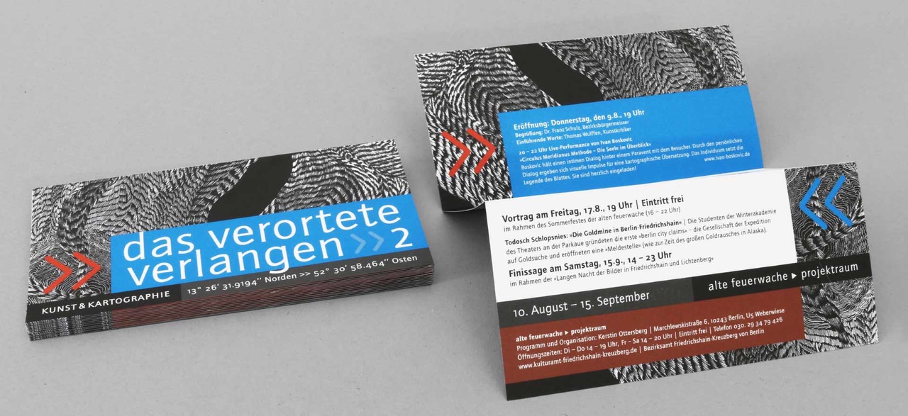 Faltblatt zur Ausstellung „Das verortete Verlangen“ im Projektraum Alte Feuerwache, Berlin; Design: Kattrin Richter | Büro für Grafikdesign