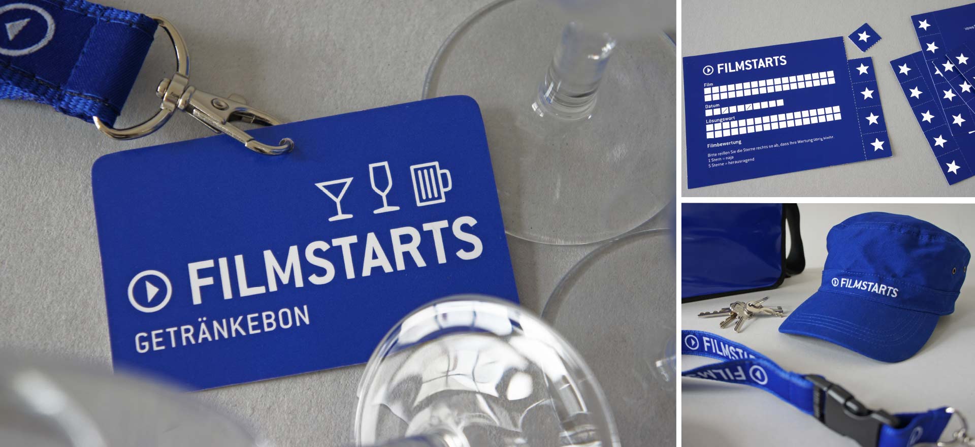 Drink vouchers, film rating cards, and cap with Filmstarts logo