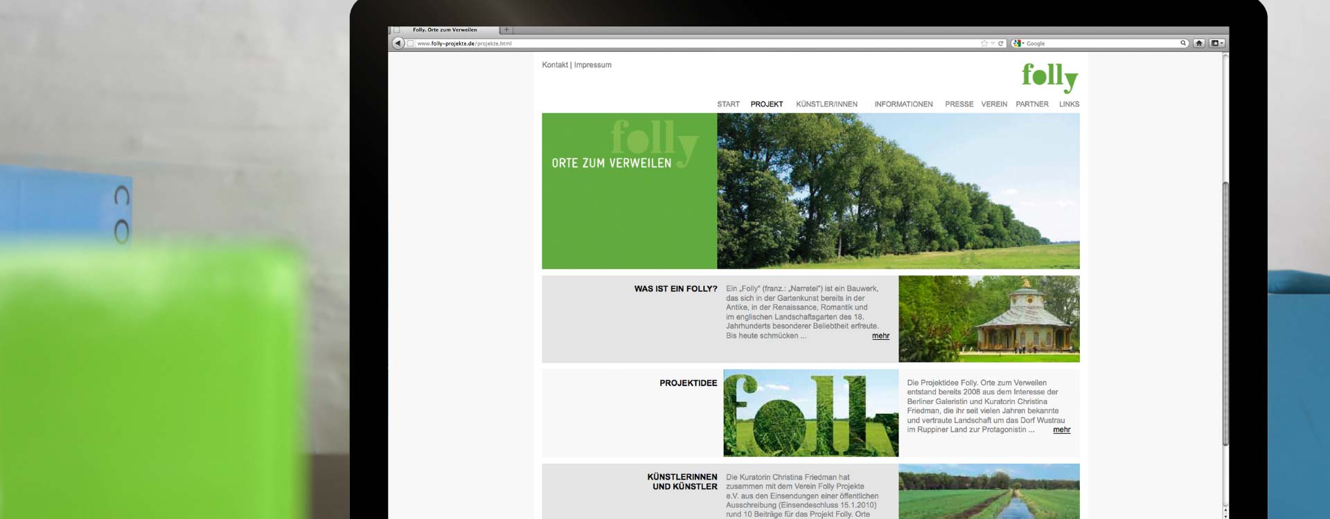 Webseite zur Ausstellung „Folly. Orte zum Verweilen“; Design: Kattrin Richter | Büro für Grafikdesign