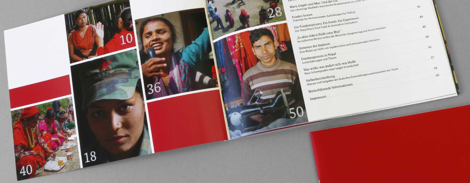 Inhaltsverzeichnis Titelseite der Broschüre „Nepalesischer Frieden, deutscher Beitrag“; Design: Kattrin Richter | Büro für Grafikdesign