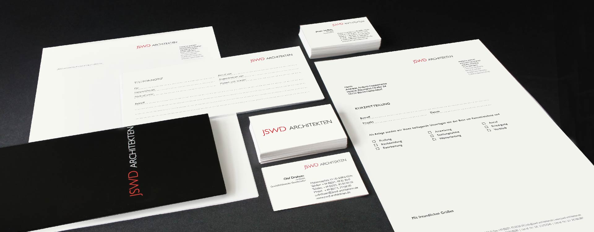 Logo, business cards, letter-headed paper, and leaflet for JSWD Architekten, Köln; Design: Kattrin Richter | Graphic Design Studio