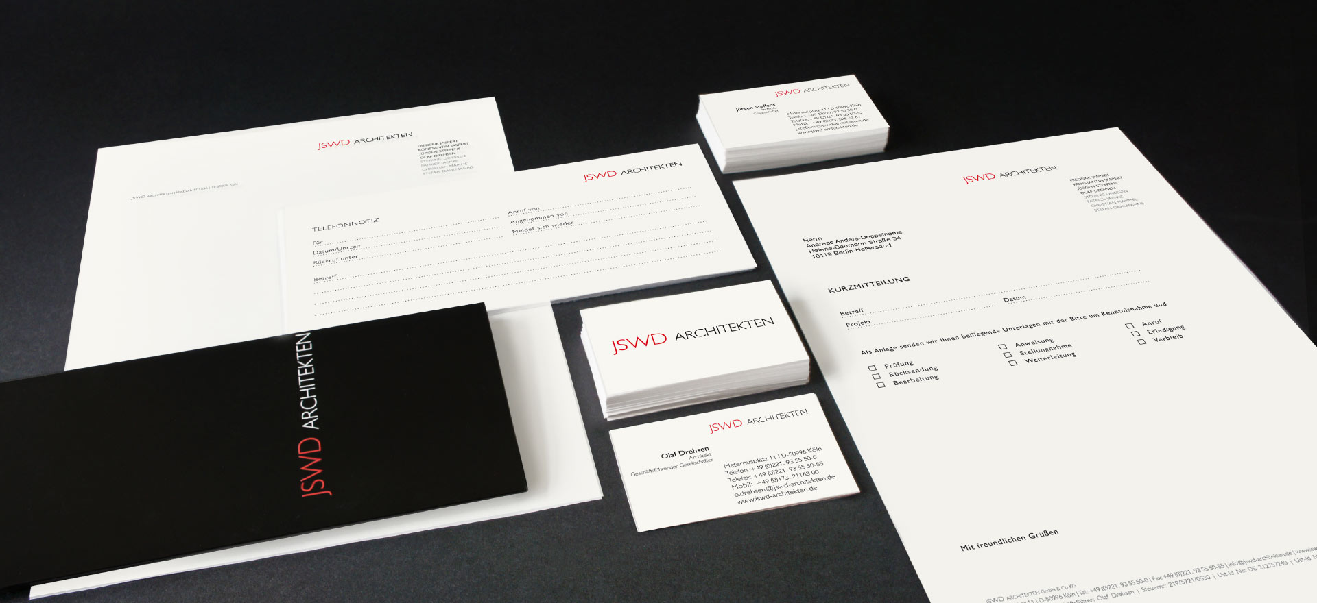 Logo, business cards, letter-headed paper, and leaflet for JSWD Architekten, Köln; Design: Kattrin Richter | Graphic Design Studio