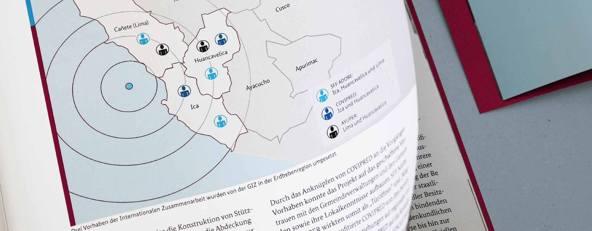 Informationsgrafik in der Broschüre „Katastrophenpräventiver Wiederaufbau in Peru“ der GIZ; Design: Kattrin Richter | Büro für Grafikdesign