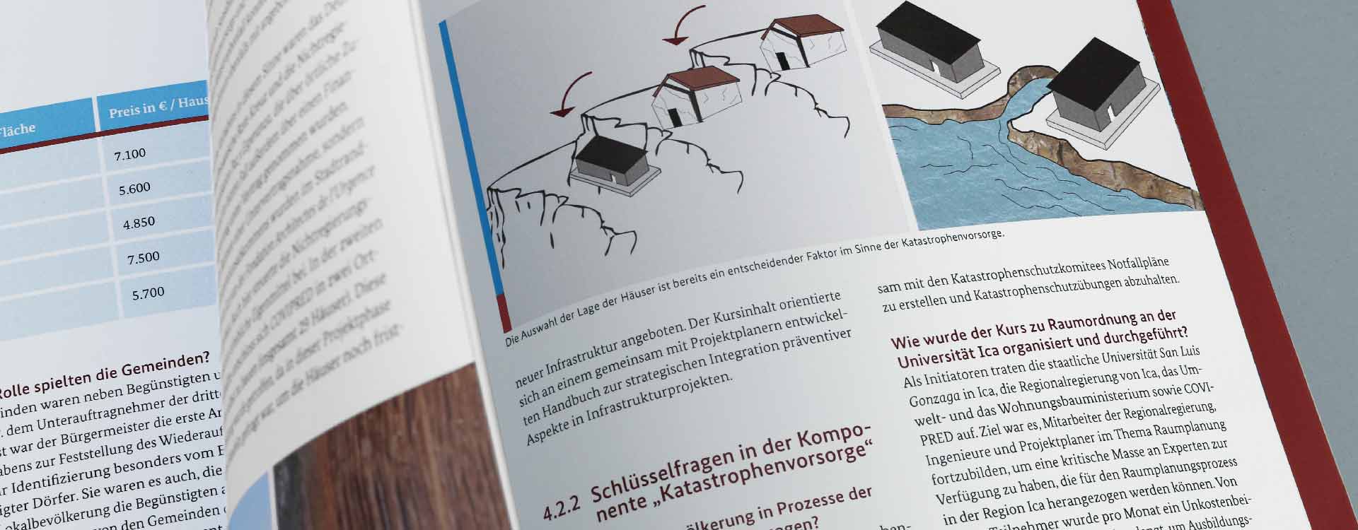 Innenseiten der Broschüre „Katastrophenpräventiver Wiederaufbau in Peru“ der GIZ; Design: Kattrin Richter | Büro für Grafikdesign