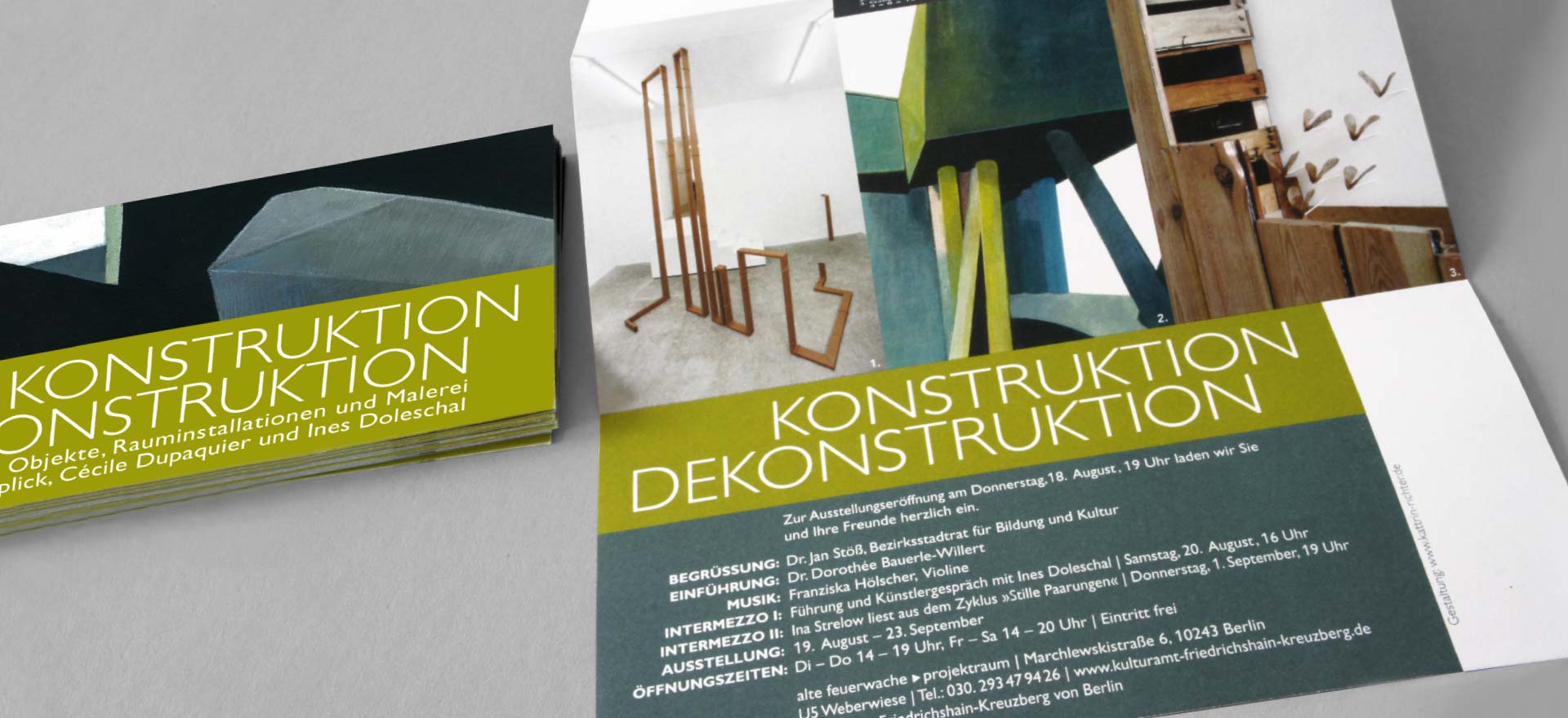 Faltblatt zur Ausstellung „Konstruktion Dekonstruktion“ im Projektraum Alte Feuerwache, Berlin; Design: Kattrin Richter | Büro für Grafikdesign