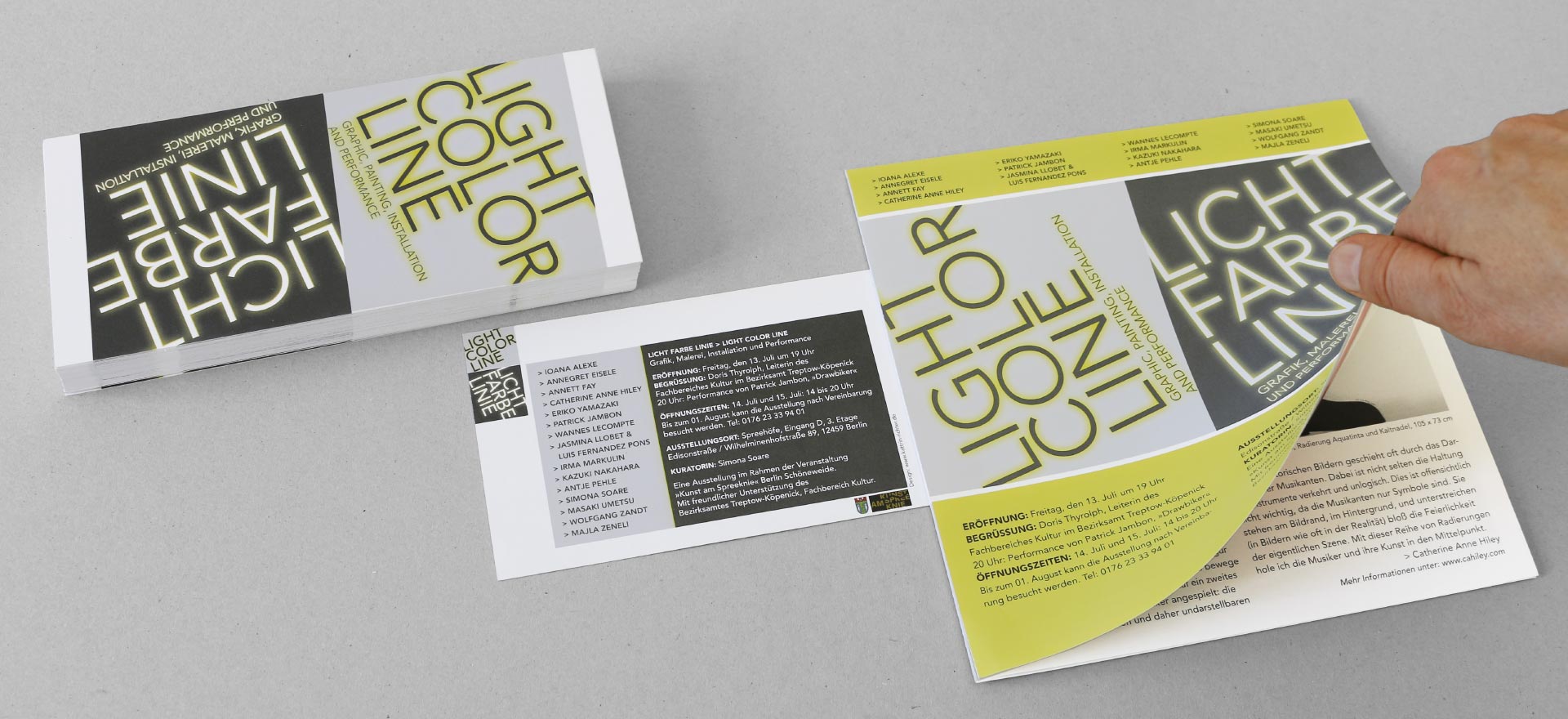 Leaflet and invitation card for the exhibition Light Colour Line in the Spreehöfen in Berlin Schöneweide; Design: Kattrin Richter | Graphic Design Studio