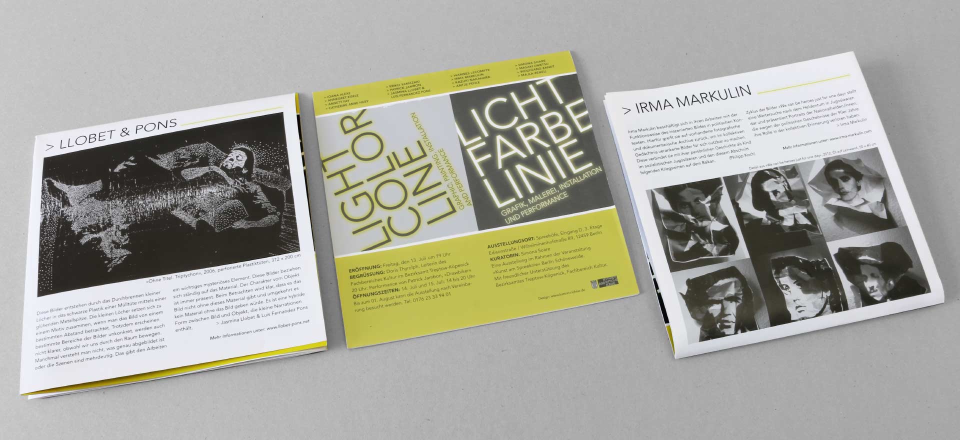 Faltblatt zur Ausstellung „Licht Farbe Linie“ in den Spreehöfen in Berlin-Schöneweide; Design: Kattrin Richter | Büro für Grafikdesign