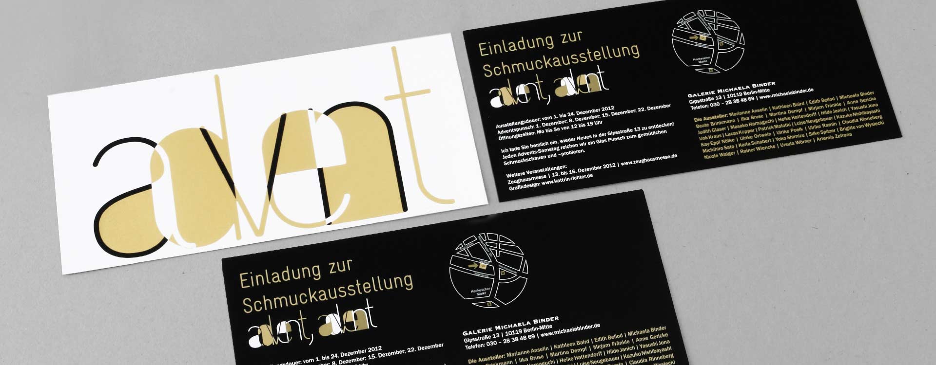 Einladungskarte mit Heißfolienprägung zur Schmuckausstellung 2012 in der Galerie Michaela Binder, Berlin; Design: Kattrin Richter | Büro für Grafikdesign