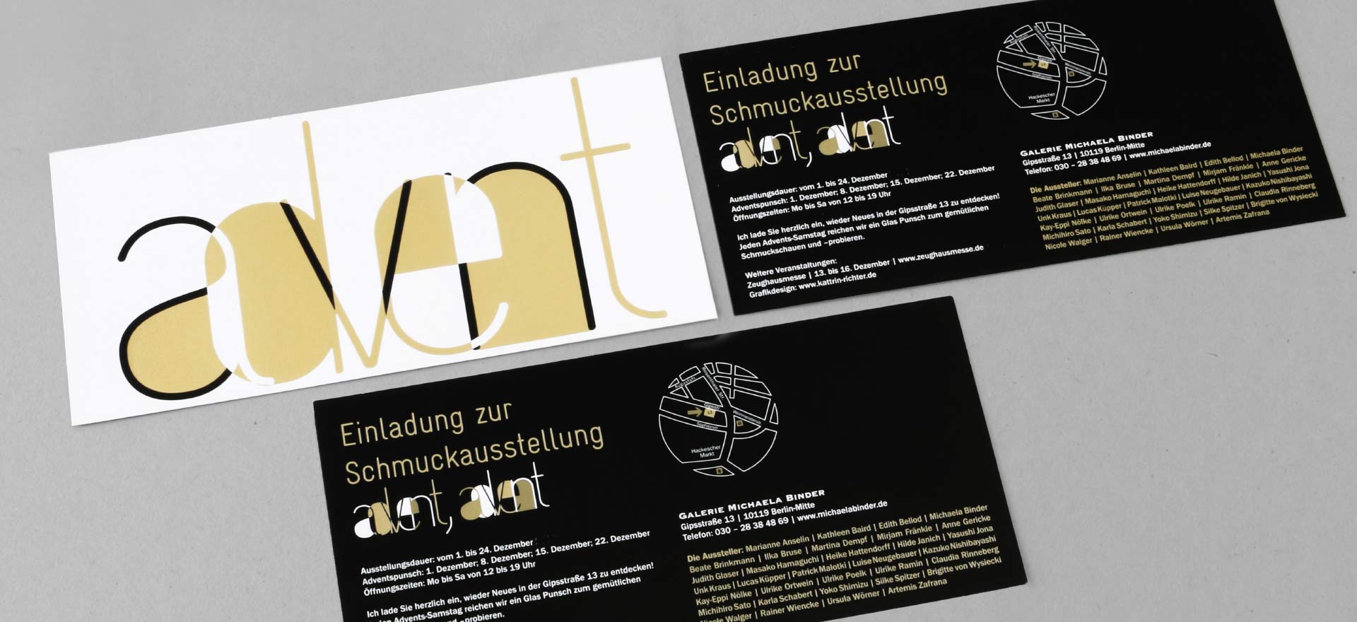 Invitation card with hot foil stamping for the jewellery exhibition 2012 in the gallery of Michaela Binder, Berlin; Design: Kattrin Richter | Graphic Design Studio