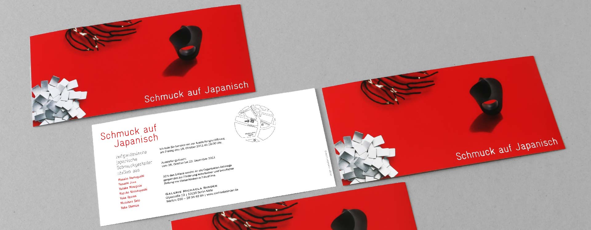 Invitation card for the Schmuck auf Japanisch jewellery exhibition 2011 in the gallery of Michaela Binder, Berlin; Design: Kattrin Richter | Graphic Design Studio