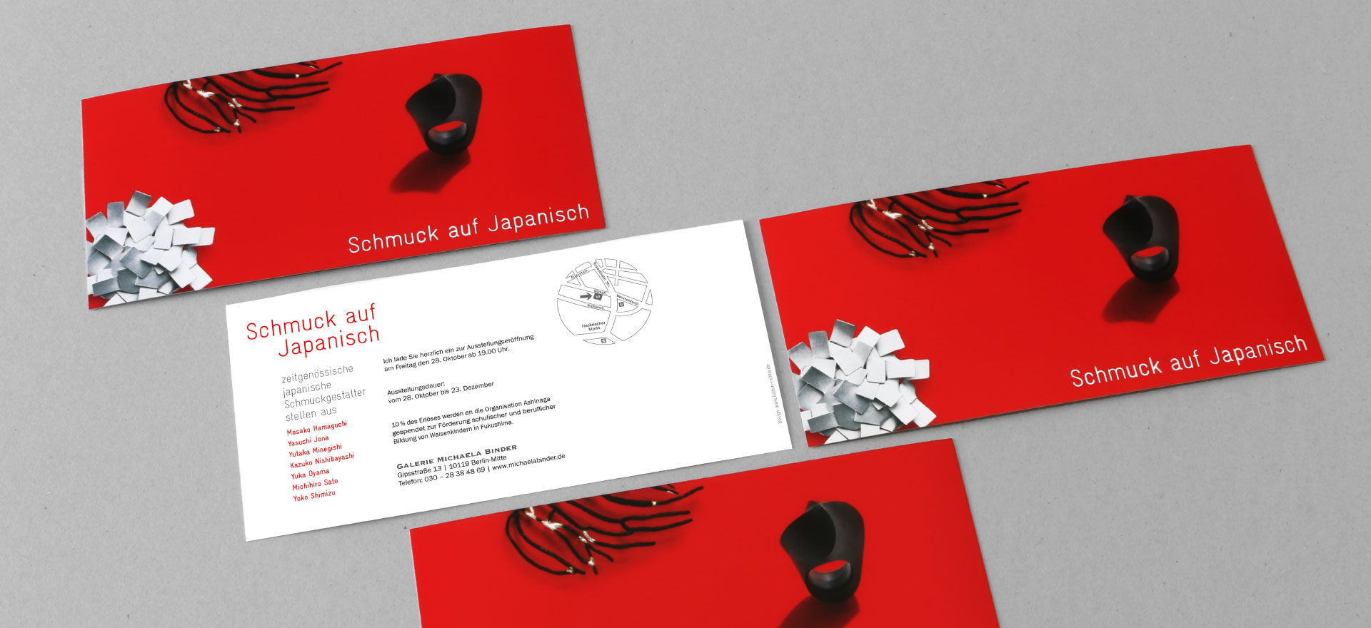 Invitation card for the Schmuck auf Japanisch jewellery exhibition 2011 in the gallery of Michaela Binder, Berlin; Design: Kattrin Richter | Graphic Design Studio