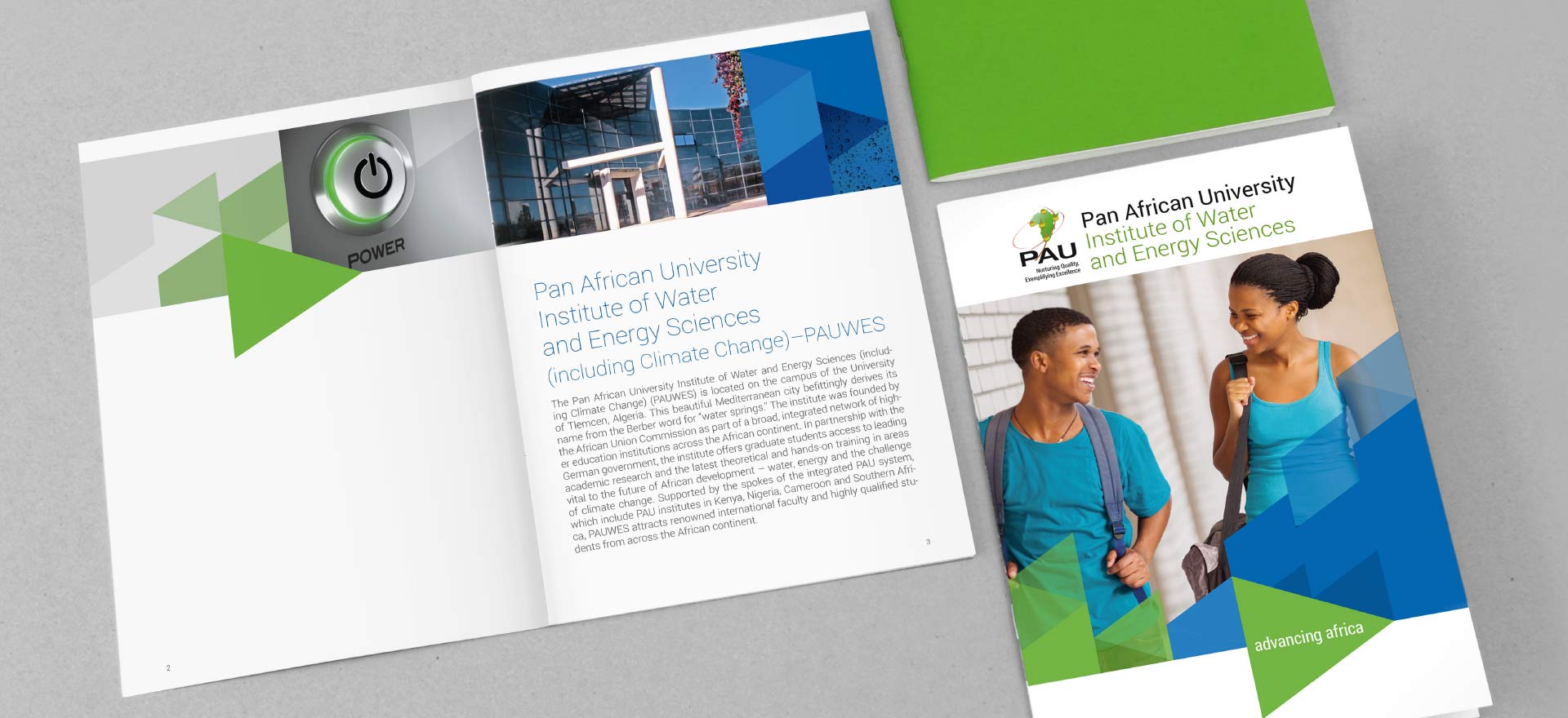 Front cover and inside of brochure of the Pan African University, Institute of Water and Energy Sciences PAUWES; Design: Kattrin Richter | Graphic Design Studio