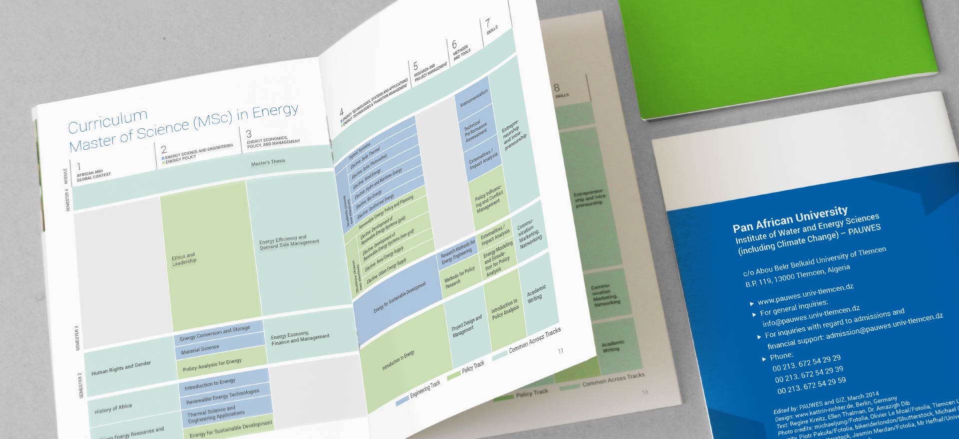 Inside of brochure of the Pan African University, Institute of Water and Energy Sciences PAUWES; Design: Kattrin Richter | Graphic Design Studio