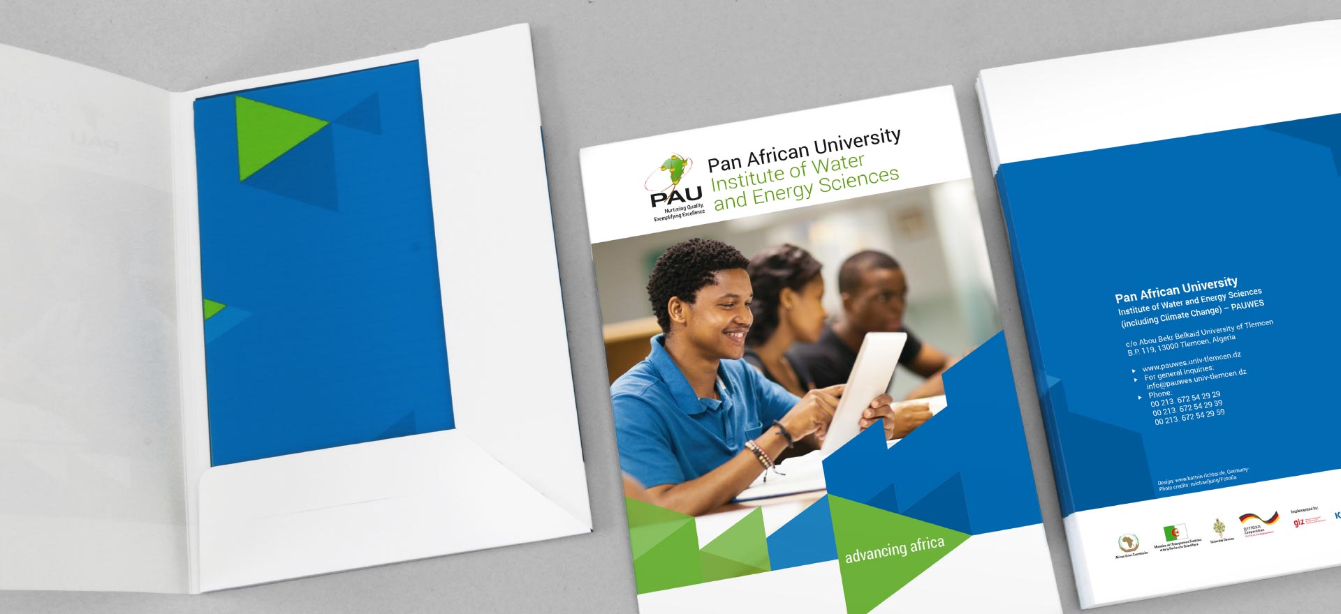 Inside of brochure of the Pan African University, Institute of Water and Energy Sciences PAUWES; Design: Kattrin Richter | Graphic Design Studio: