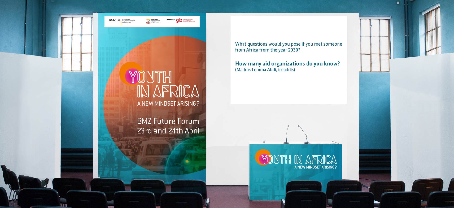 Stage and lectern for the Youth in Africa conference held by the BMZ in the Umspannwerk Kreuzberg, Berlin; Design: Kattrin Richter | Graphic Design Studio