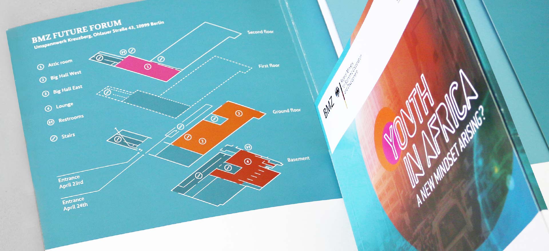 Conference folder with map for the Youth in Africa conference held by the BMZ in the Umspannwerk Kreuzberg, Berlin; Design: Kattrin Richter | Graphic Design Studio